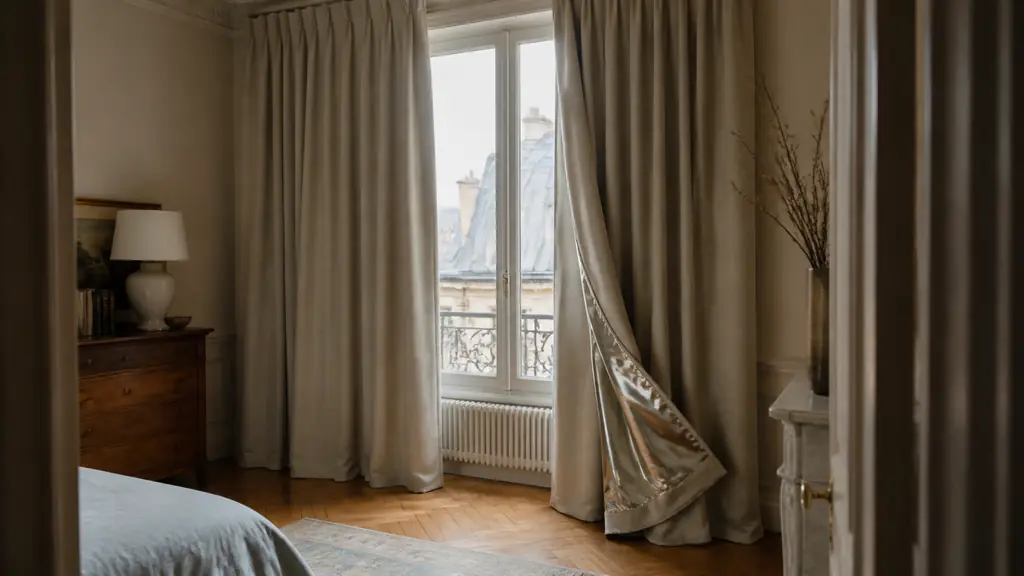 Editorial photograph of a dense thermal curtain fitted close to a single-glazed window, extending beyond both sides and down to the floor, with one edge turned back to reveal a metallic lining, no text, no logo