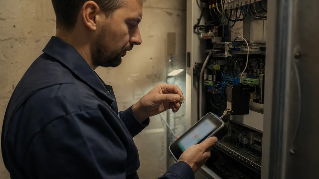 Elevator technician in a machinery room connecting a compact GSM main box, checking an M2M SIM card and verifying an emergency call report on a handheld tester, realistic editorial photography, no text, no logo