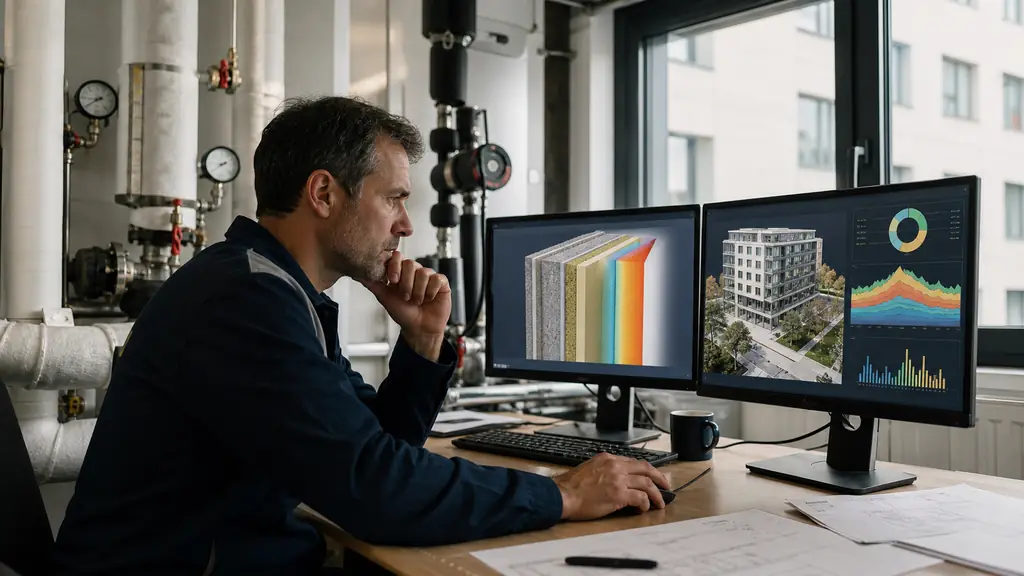 maintenance manager comparing a multilayer wall thermal profile and an annual building energy model on two computer screens, insulated heating pipes visible nearby, editorial photography, no text, no logo