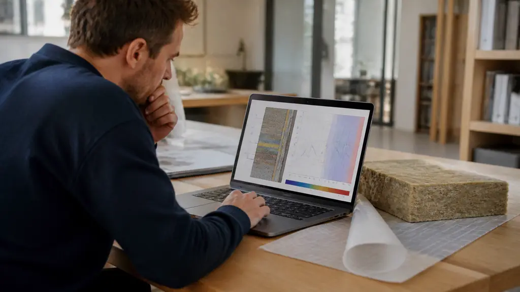building technician reviewing an Ubakus multilayer wall profile on a laptop, mineral wool sample and vapor barrier membrane placed beside the screen, editorial photography, no text, no logo