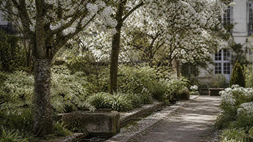 editorial photograph of a refined garden with a shaded path beneath flowering cherry trees, variegated dogwoods and narrow water channels linking old stone basins