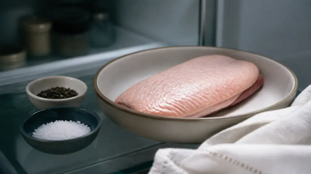 Fresh duck breast resting in a clean ceramic dish beside coarse salt, black pepper and a folded white kitchen cloth inside a refrigerator preparation area, editorial food photography, no text, no logo