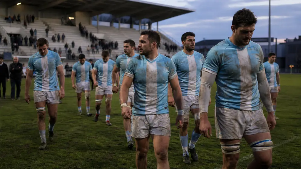 Editorial photograph of sky-blue and white rugby players leaving the pitch at Chambéry stadium after a Nationale playoff match, early May evening, emptying stands, no text, no logos