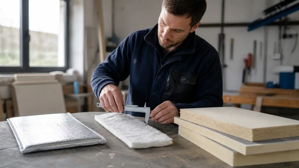 technician comparing a vacuum insulation panel, a thin silica aerogel blanket and rigid PIR boards with a caliper on a workshop table, editorial photography, no text, no logo