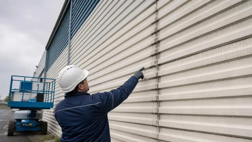 Editorial industrial maintenance photo, technician in safety helmet inspecting a ribbed coated metal cladding wall, pointing at black runoff streaks and checking aging sealant joints near panel connections, access lift parked beside a warehouse facade, overcast realistic lighting, no text, no logo