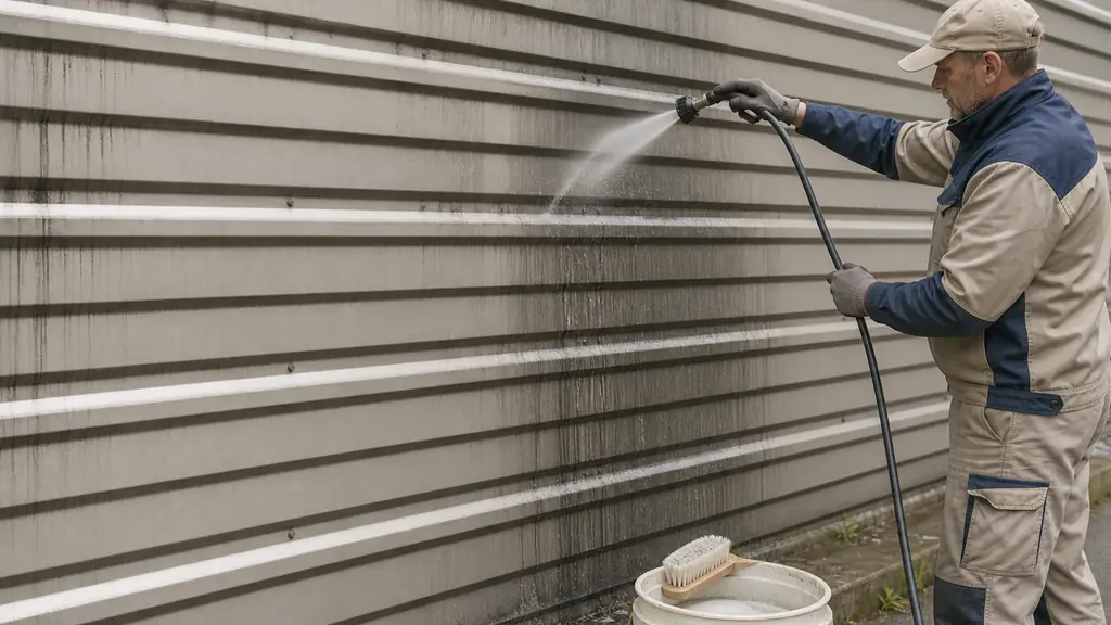 Editorial close-up of an industrial cleaner rinsing a coated metal cladding wall with a low-pressure hose, soft brush and bucket with mild detergent nearby, black runoff streaks fading on ribbed aluminum panels, overcast realistic light, no text, no logo