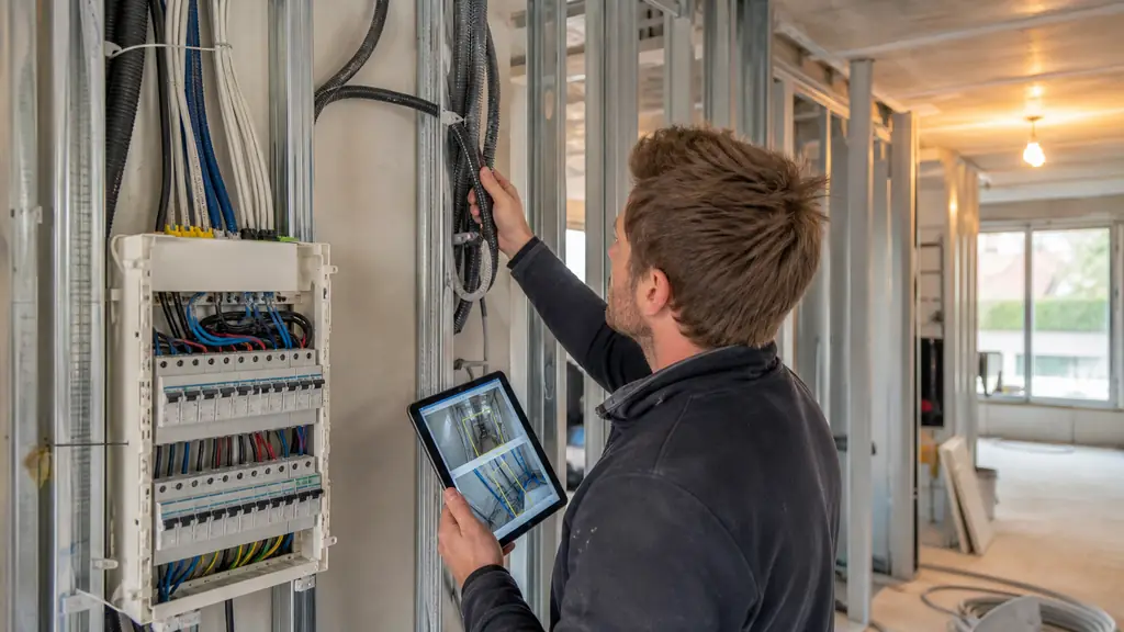 Editorial photograph of an electrician checking an ICTA conduit route from an electrical panel through metal studs before plasterboard installation, with labeled route photographs visible on a tablet, no text, no logo