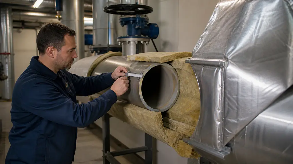 Technician measuring the diameter of a steel heating pipe beside class 4 mineral wool insulation, with a precisely fitted aluminum-clad valve cover visible, editorial photography, no text, no logo