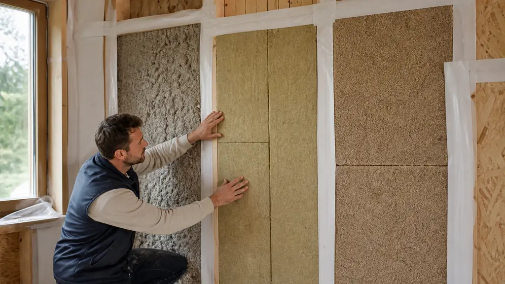 Editorial photograph of an installer comparing loose cellulose filling inside an irregular timber cavity with neatly cut mineral wool and hemp-based insulation panels, visible sealed junctions, no text, no logo