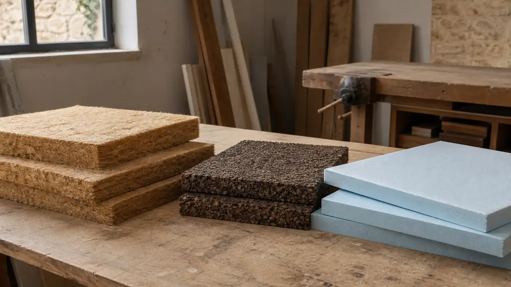 Editorial photograph of fibre wood, expanded cork and extruded polystyrene insulation panel samples arranged on a workshop bench, showing their distinct textures, no text, no logo
