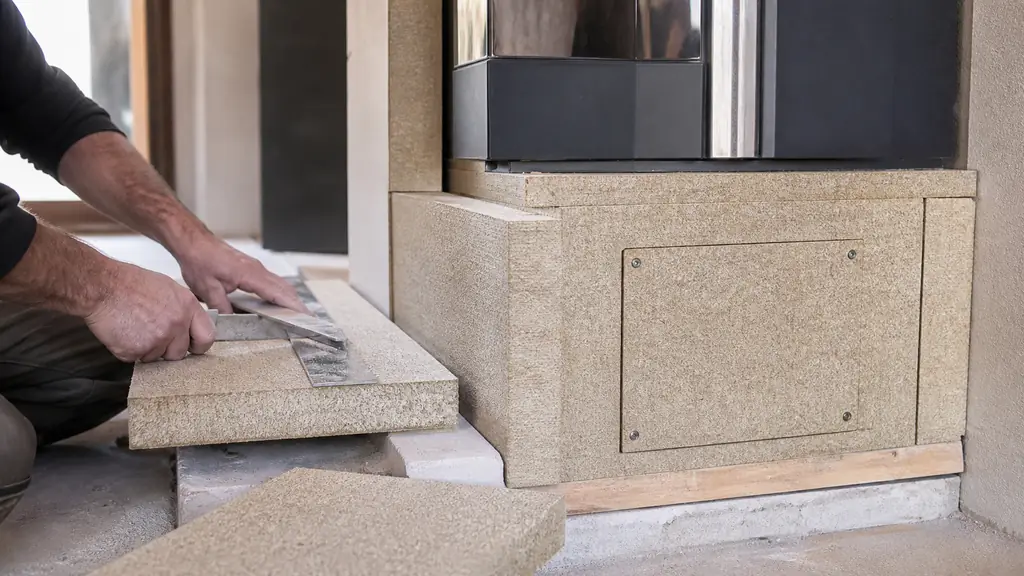 Editorial close-up photograph of a 610 by 305 by 30 mm vermiculite VIP-12 board being precisely cut beside a technical heat-exposed enclosure, showing fitted joints and a removable maintenance access panel, no text or logo