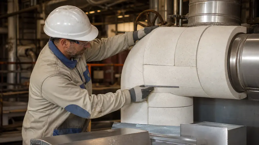 technician fitting rigid refractory underlayer panels around a hot steam pipe elbow, checking tightly aligned joints before installing a removable metal casing, realistic industrial plant setting, no text, no logo