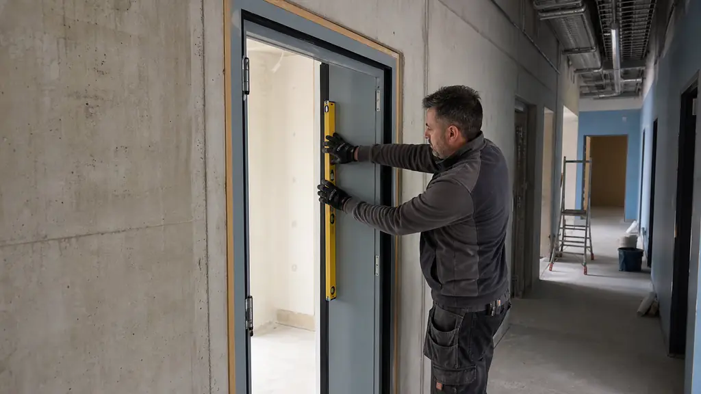 editorial photo of an industrial installer adjusting a heavy acoustic door frame with visible perimeter seals and an automatic drop-down threshold, level tool in hand, concrete plant corridor under renovation, realistic indoor lighting, no text, no logo