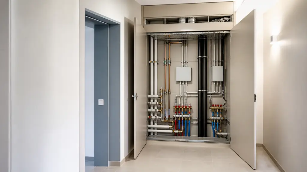 Editorial photograph of an open two-leaf technical shaft door in an apartment building corridor, revealing neatly separated pipes, valves and electrical cables, with a removable upper transom and no visible text or logos