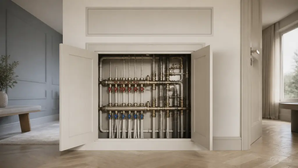 Editorial photograph of a technical shaft facade with two unequal open leaves, a removable upper transom and a total-overlap frame, revealing neatly accessible valves, no text or logos