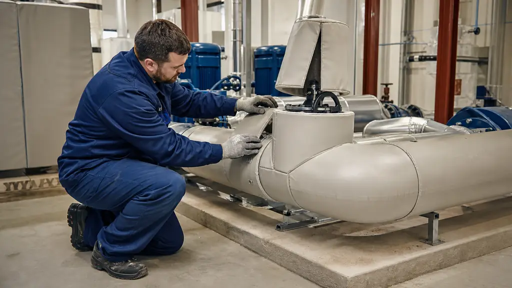 Industrial maintenance technician fitting insulation shells around a heating pipe, with a precisely cut elbow and an accessible valve protected by a removable cover, realistic mechanical room, editorial photography, no text, no logo