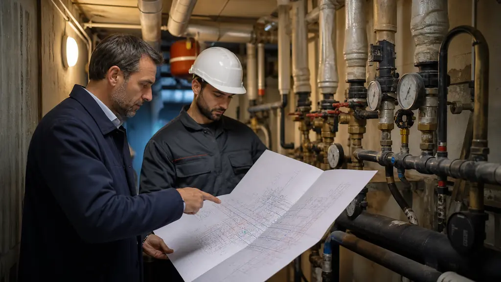 Property manager and heating engineer reviewing marked pipe network plans beside valves and narrow-access heating pipes in a collective housing boiler room, realistic editorial photography, no text, no logo