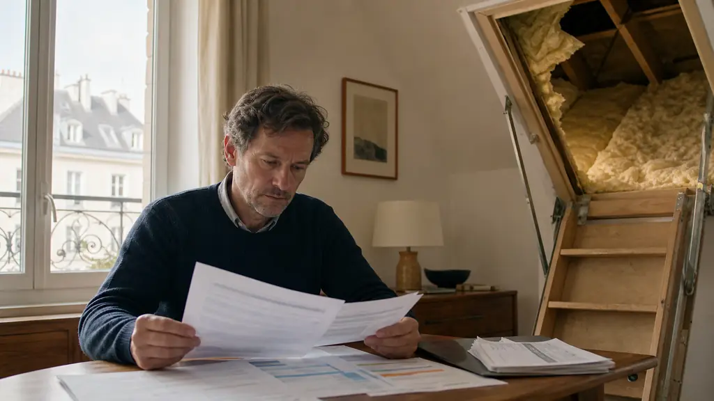 Editorial photograph in a French rental apartment, a landlord reviewing insulation invoices and a printed form 2044 at a table beside an open insulated attic hatch, natural daylight, no text, no logo