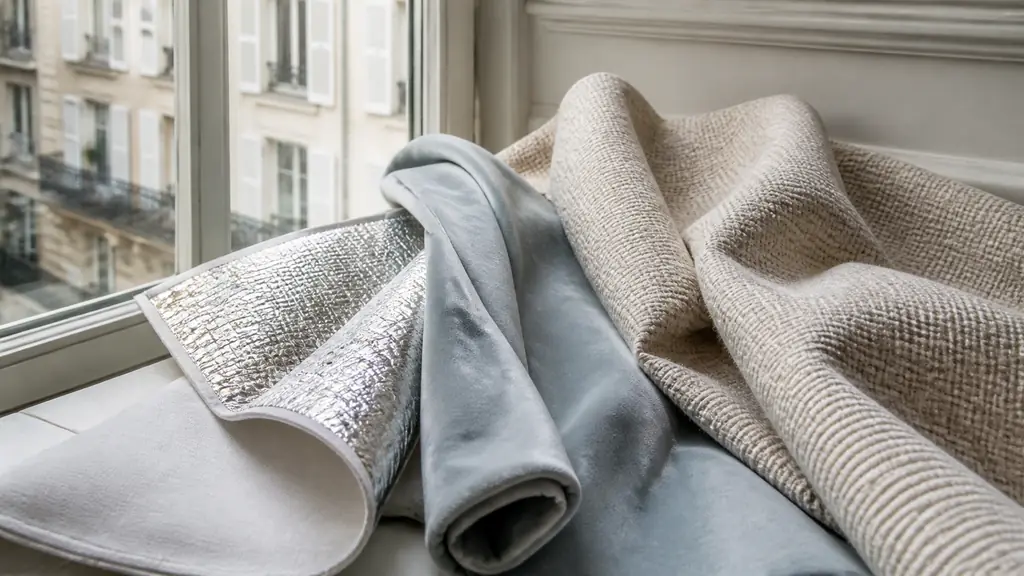 Editorial close-up photograph of wool and velvet curtain swatches beside a PET thermal lining with a visible metallic coating, arranged near a window, no text or logo