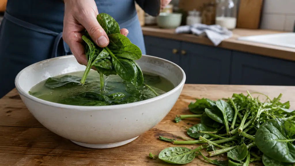 Close-up editorial food photograph of fresh spinach leaves being lifted from a bowl of cold water, grains of sand settled at the bottom, thick stems and damaged leaves set aside on a wooden kitchen counter, natural light, no text, no logo