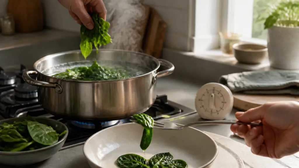 Editorial food photograph of fresh spinach leaves added by small handfuls to a large pot of boiling water, kitchen timer beside the pot, one bright green tender leaf being tested with a fork, natural light, no text, no logo