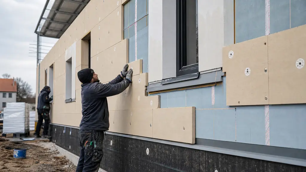 Editorial photograph of rigid insulation panels being fixed to an exterior wall, with visible window junction detailing and a protected building plinth, no text, no logo
