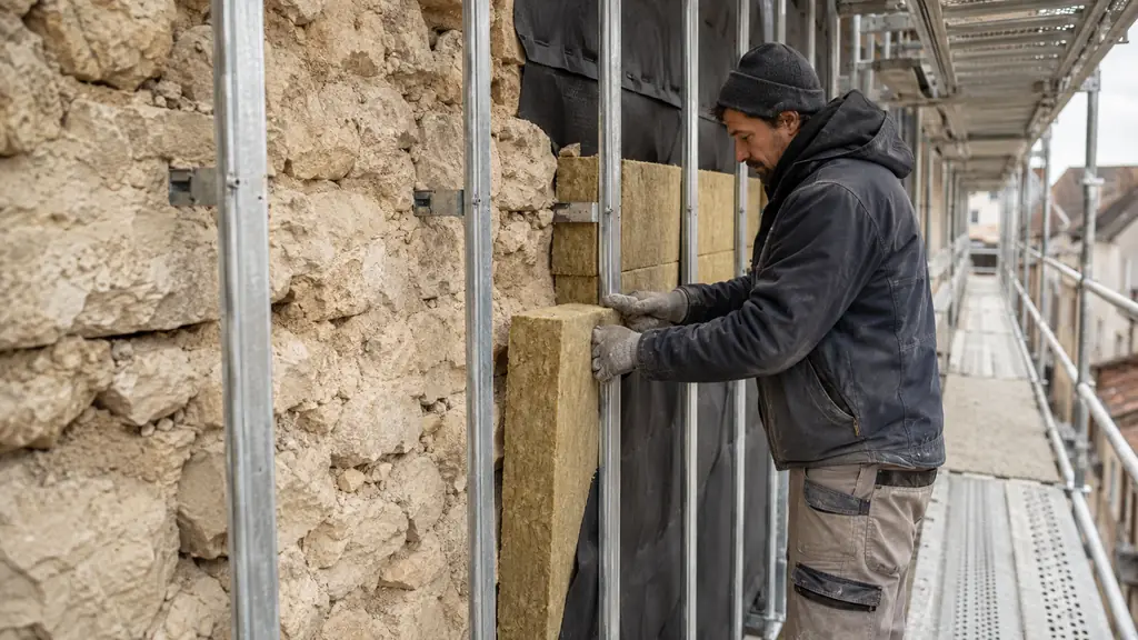 Editorial photograph of a worker fitting mineral wool panels behind a metal frame on an irregular masonry facade, with a black rain screen and visible ventilated air cavity, no text, no logo