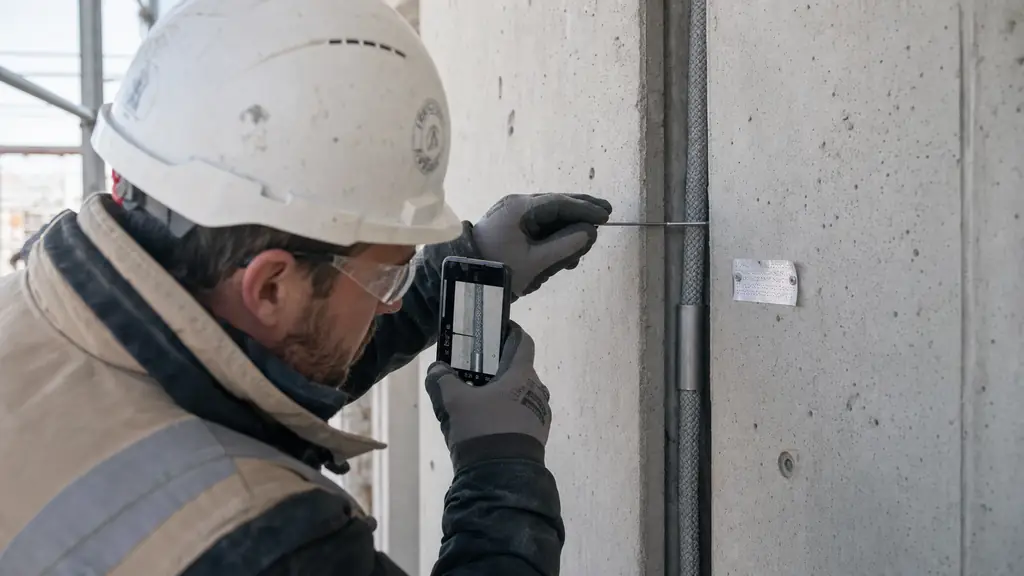 Editorial photograph of a site inspector checking the insertion depth of a grey firestop rope in a concrete wall joint, with a connector sleeve fitted at the junction and a numbered product label being photographed, no text or logo