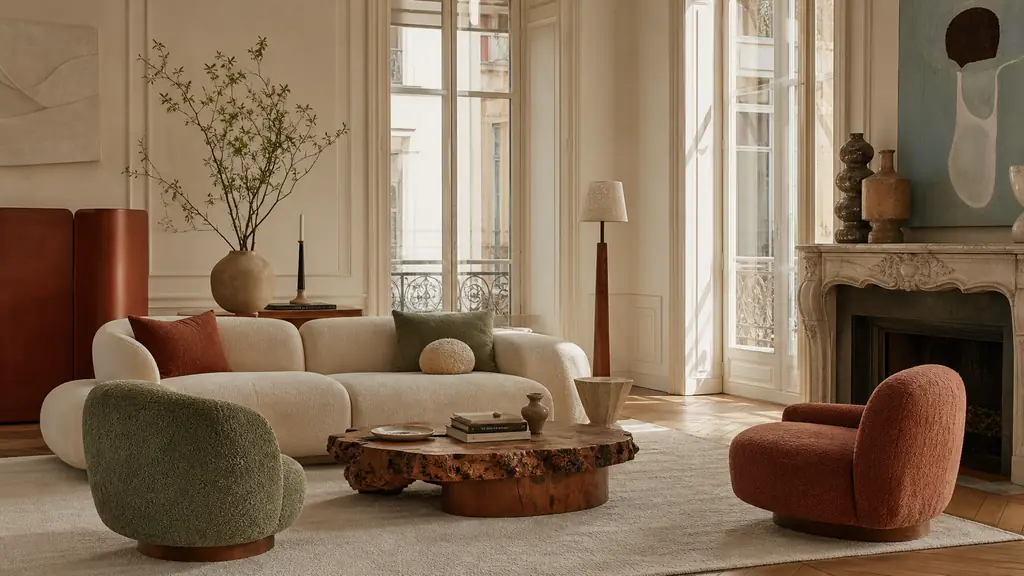 editorial interior scene inspired by Milan design week, warm earth-tone living room with terracotta, sage green and beige palette, tactile boucle and linen textiles, walnut wood furniture, woven details, soft natural light, high-end magazine photography, no text, no logo