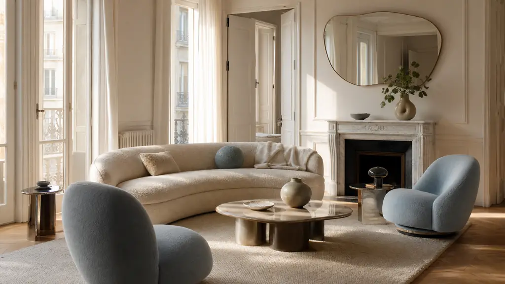 editorial living room inspired by Milan design trends, soft curved furniture, organic mirror, small glossy lacquer and chrome accents, warm natural light, elegant affordable styling, high-end interior photography, no text, no logo