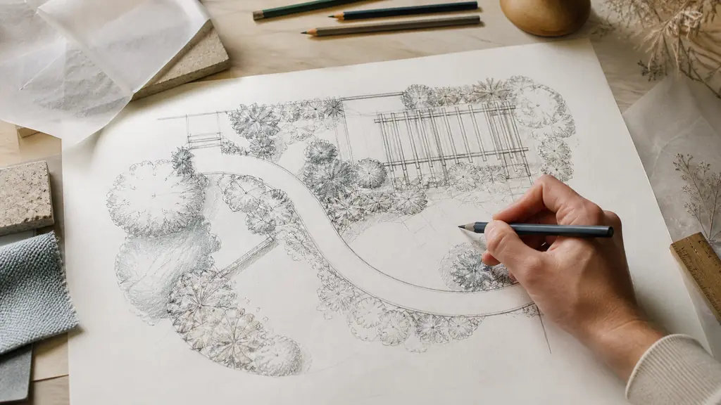 overhead editorial photograph of a hand drawing a garden plan on paper, showing a curved main path, a pergola and shaded planting zones, no text or logo