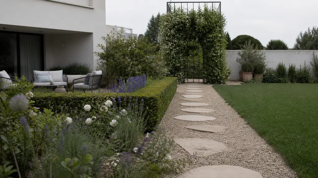 editorial photograph of a garden divided into functional zones by a low hedge, a gravel path with stepping stones and a climbing plant-covered trellis, no text or logo