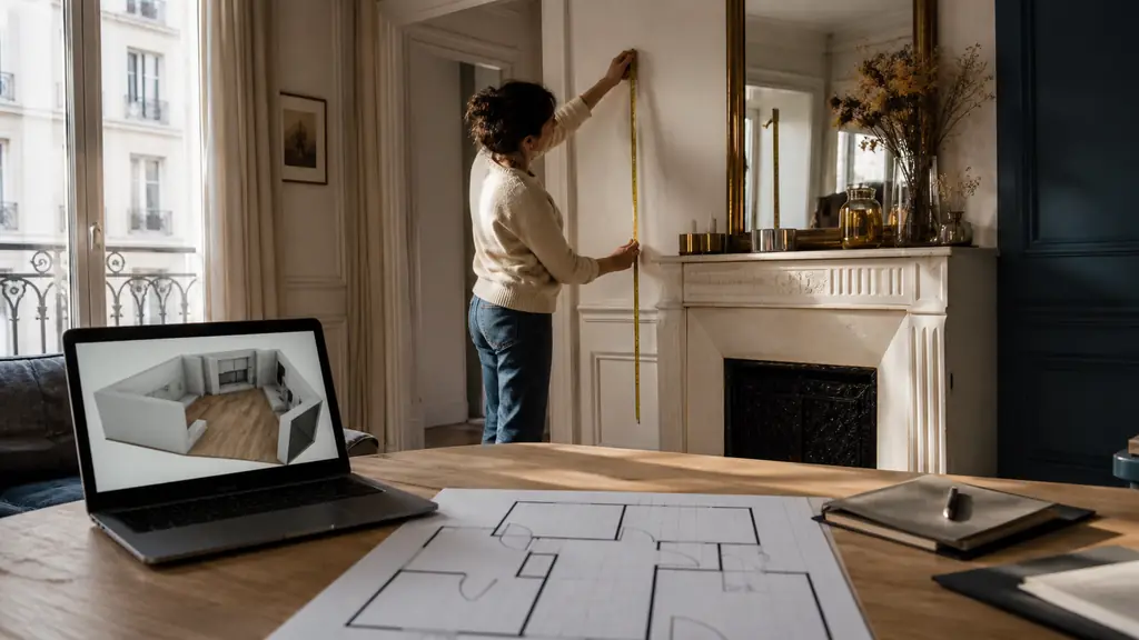 Editorial photograph of a person measuring a wall beside a fireplace, graph-paper floor plan showing door swings on a table, open laptop displaying a simple 3D room layout, natural daylight, no text, no logo
