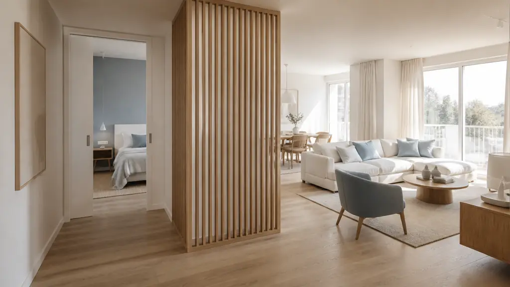 Editorial photograph of a bright south-facing living room separated from a quiet hallway by a wooden claustra, sliding pocket door open toward the bedroom area, clear unobstructed walkway, no text, no logo