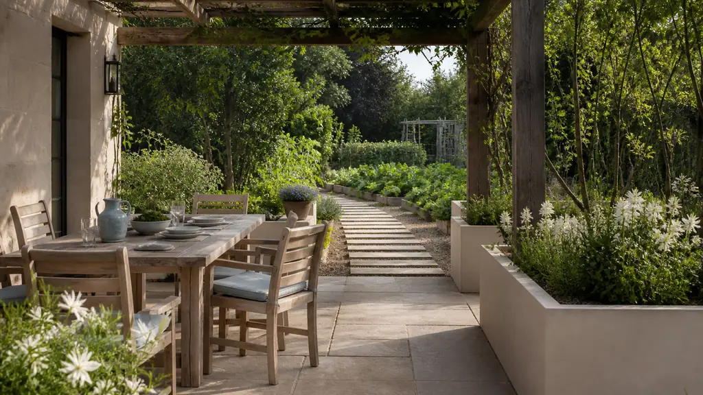 Editorial photograph of an outdoor dining terrace framed by raised planters and an open wooden trellis, with stable stepping stones leading toward a compact vegetable garden