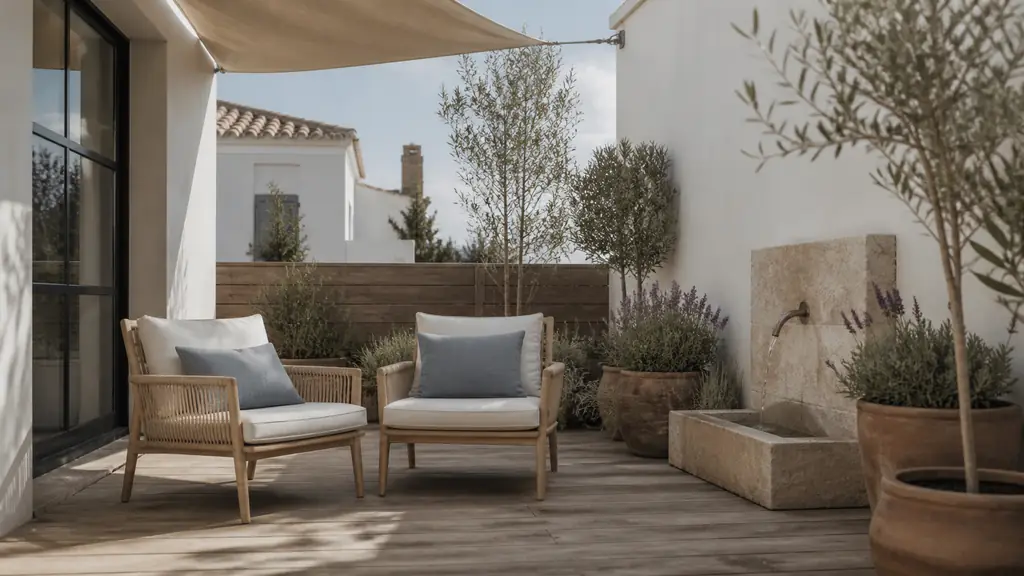 Editorial photograph of a compact wooden terrace with two lounge chairs, a triangular shade sail and a small stone fountain beside planted containers