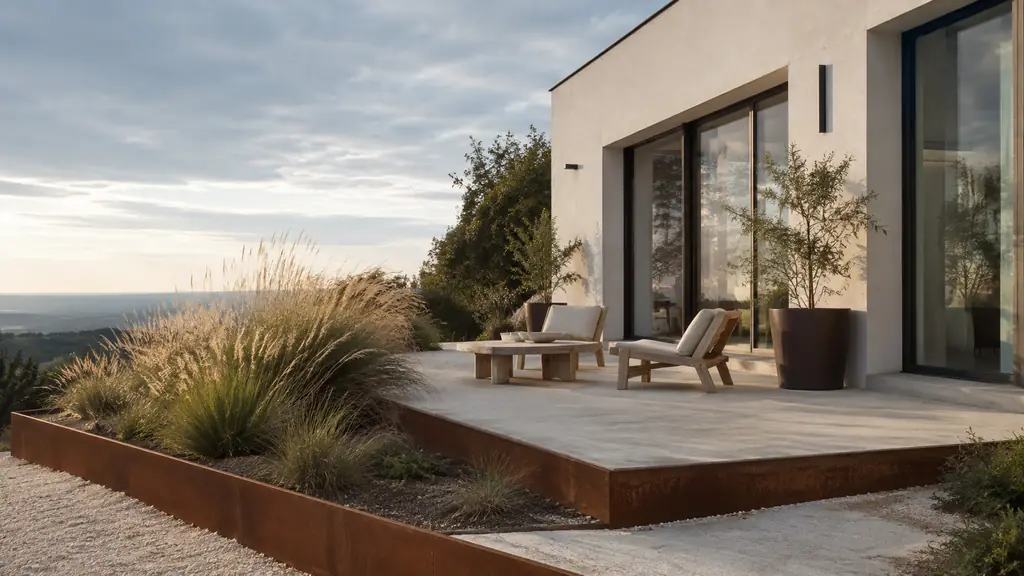 Editorial photograph of a contemporary house patio with a concrete terrace, Corten steel border and ornamental grasses, no text, no logo