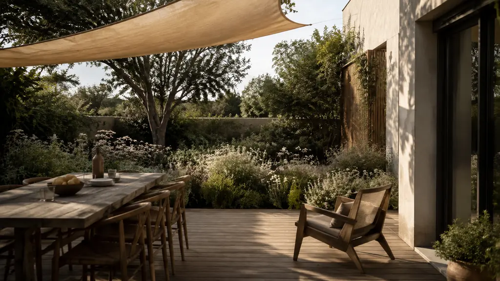 Editorial photograph of a warm wooden terrace with a dining table under a triangular shade sail and a quiet reading chair facing a planted flower bed, no text, no logo