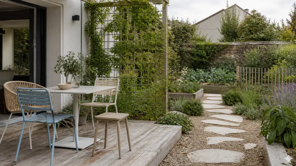 Editorial garden photograph showing a compact dining area on a wooden deck, an openwork climbing-plant trellis, and stepping stones leading to a low-fenced vegetable patch, no text, no logo
