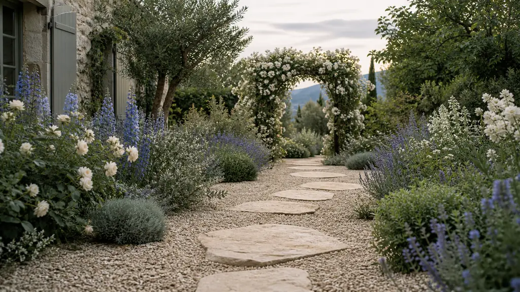 Editorial garden photograph of natural stepping stones leading through gravel-edged flower beds toward a climbing clematis arch, no text, no logo