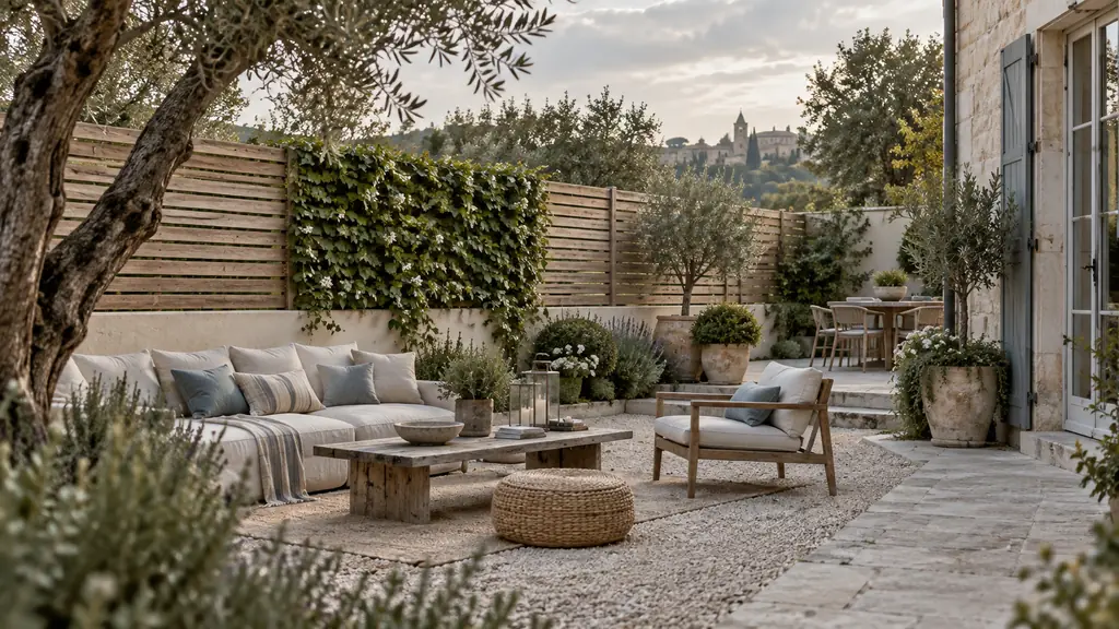 French garden terrace bordered by horizontal slatted fencing with a solid low base, varied gaps between wooden slats, and climbing greenery covering one panel