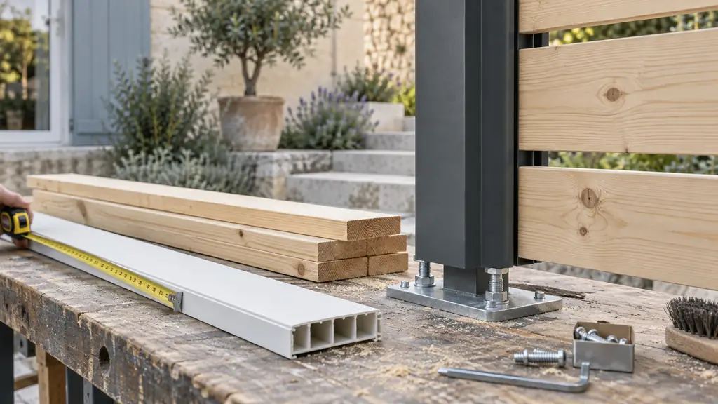 Close-up editorial photograph of pine slats beside a thermolacquered aluminium post on an adjustable base plate, with a cut white PVC slat and measuring tape on a garden workbench