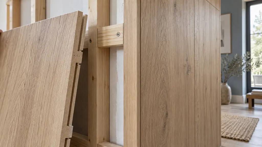 Close-up editorial photograph of melamine MDF wall panels being joined with a tongue-and-groove click profile on a wooden frame, beside a Master Oak finished wall and discreet corner trim, no text, no logo