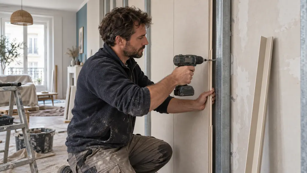 Editorial photograph of a DIY installer clipping a Clicwall panel onto metal studs with the tongue-and-groove edge visible, a screw fixing in progress and a corner profile waiting nearby, no text, no logo