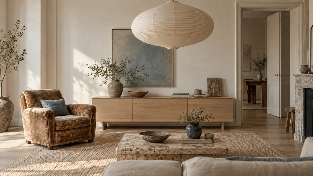 Editorial photograph of a Japandi living room featuring a low pale-wood cabinet, one vintage armchair, and a large sculptural pendant light, warm natural daylight, no text, no logo