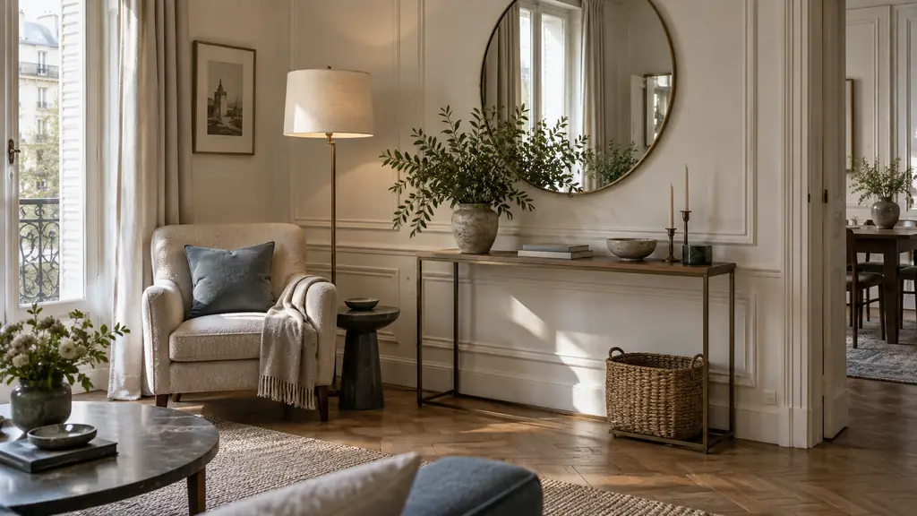 Editorial photograph of a small living room corner with a round mirror reflecting daylight, a floor lamp beside an armchair, and an artificial leafy plant arranged on a narrow console, no text, no logo
