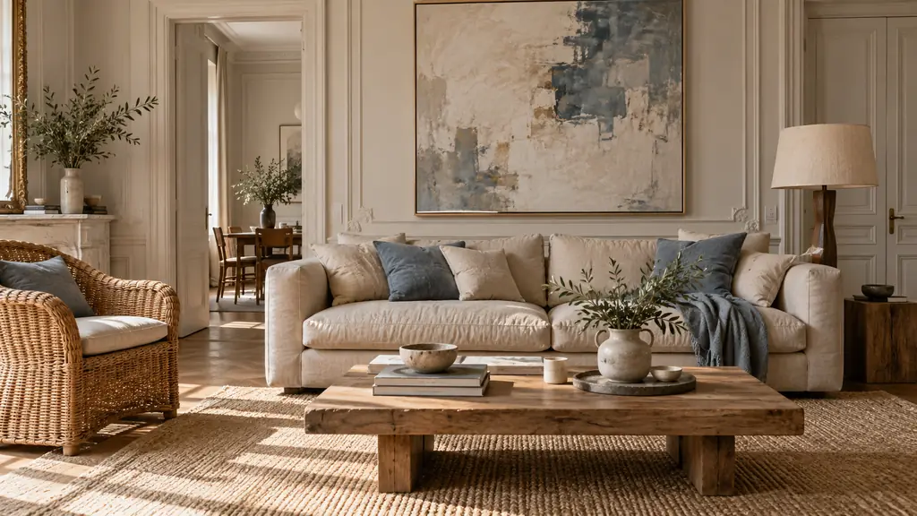 editorial photograph of a warm living room featuring a beige sofa with velvet cushions, a rattan armchair and a large framed artwork as the focal point, natural daylight, no text, no logo