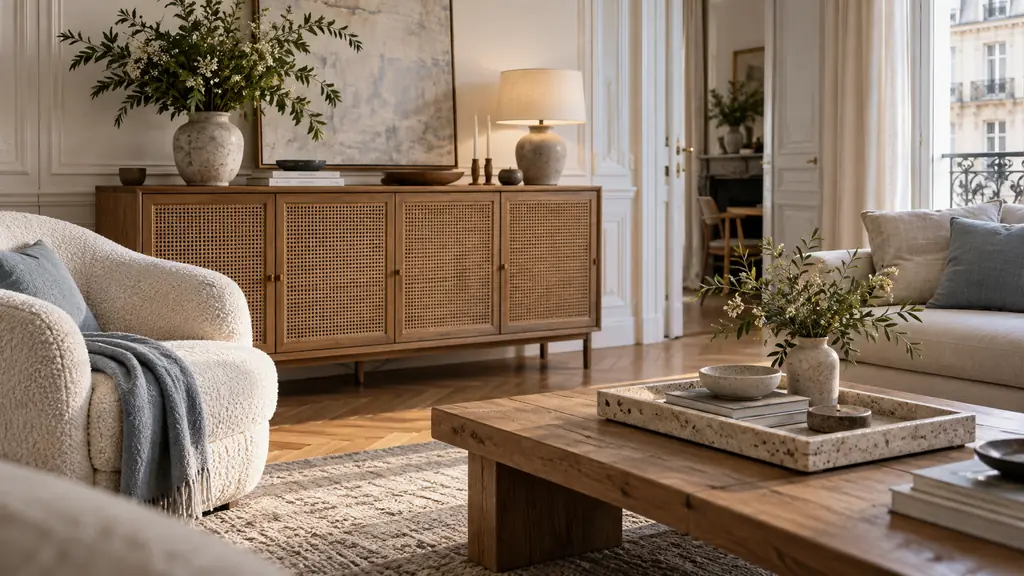 editorial photograph of a living room detail featuring a cane-front buffet, a cream boucle armchair and a travertine tray on a wooden coffee table, natural daylight, no text, no logo