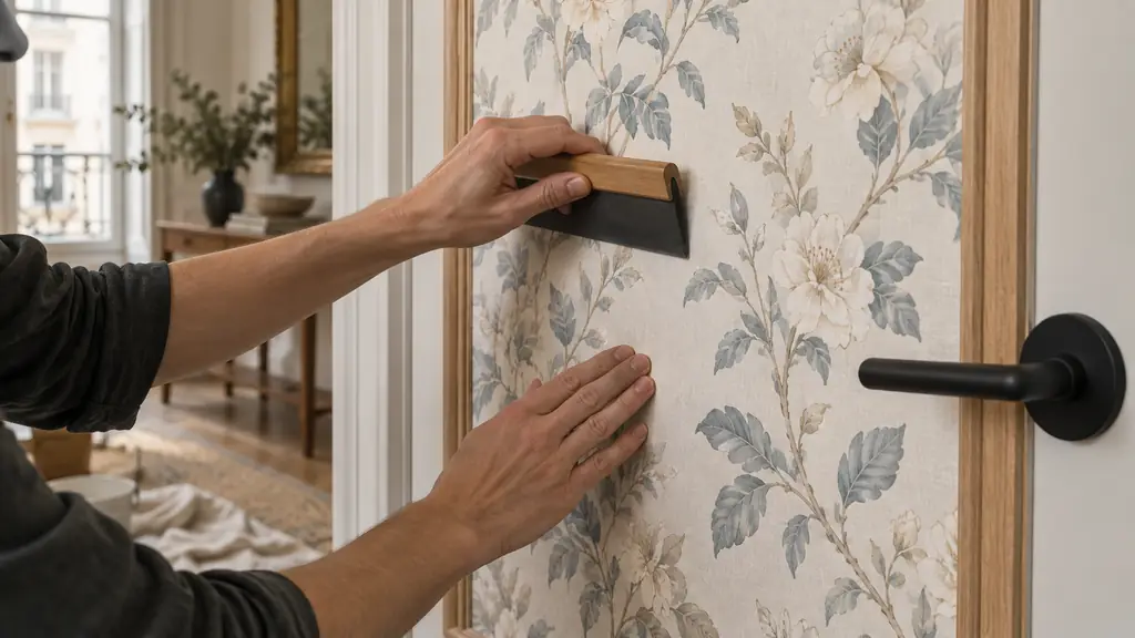 Close-up editorial photograph of hands smoothing floral wallpaper onto a flat interior door with a small raclette, beside natural wood molding strips and a matte black metal handle, no text, no logo