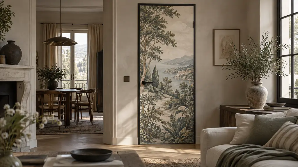 Editorial photograph of a flat interior door covered with a botanical landscape adhesive, beside a matte black handle and a matching black door frame, no text, no logo